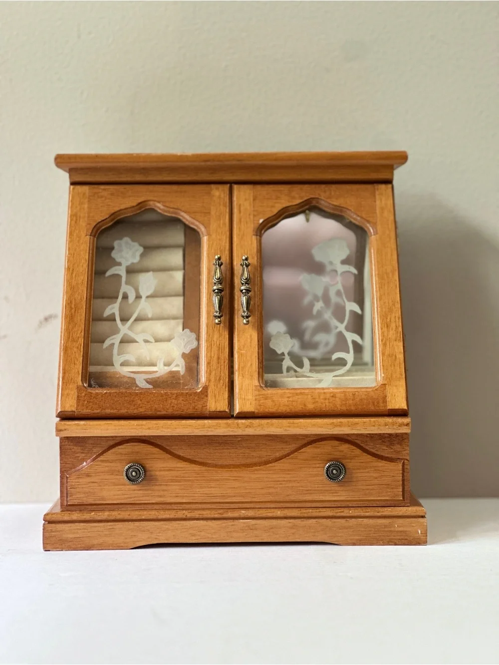 Vintage Wooden Jewelry Armoire Box Etched Glass Rose Doors Drawer